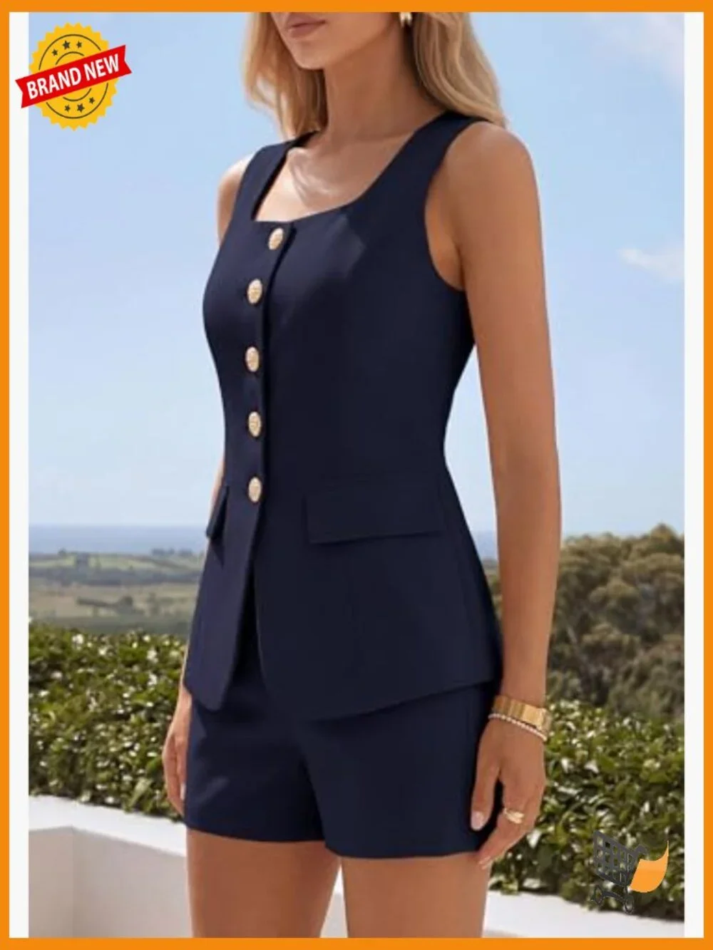 Matching Two Piece Set Vest Top and Shorts Summer Outfits Sleeveless Square Neck